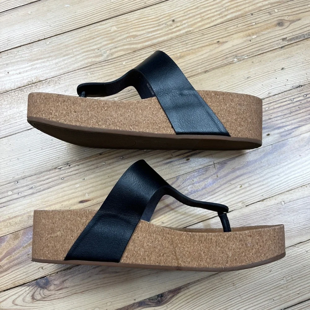 Lucky Brand Lizabi Black Platform Thong Wedge Sandals Cork Heel boho size 9